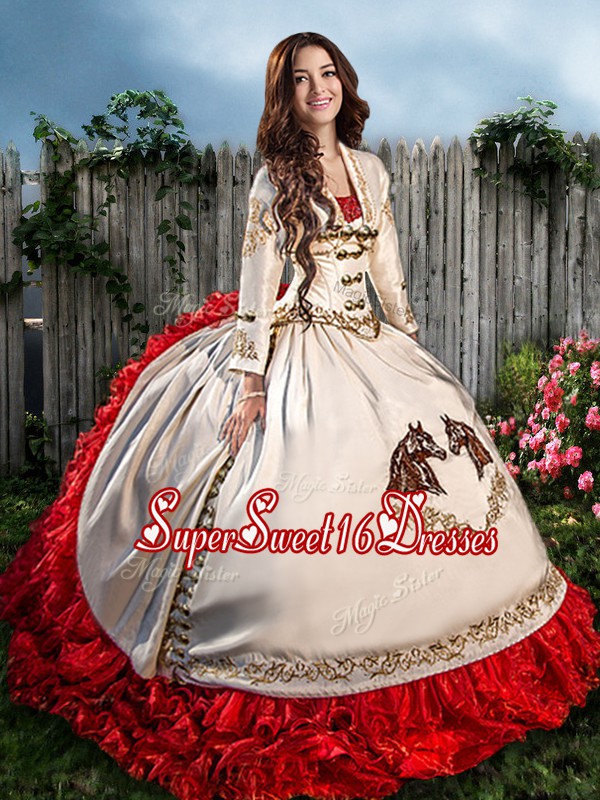  Beading and Embroidery and Ruffles Quinceanera Dress White And Red Lace Up Sleeveless With Brush Train