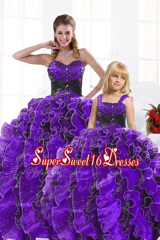  Sleeveless Organza Floor Length Lace Up Ball Gown Prom Dress in Black And Purple with Beading and Appliques and Ruffles