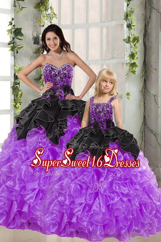  Floor Length Black And Purple Sweet 16 Dresses Organza Sleeveless Beading and Ruffles