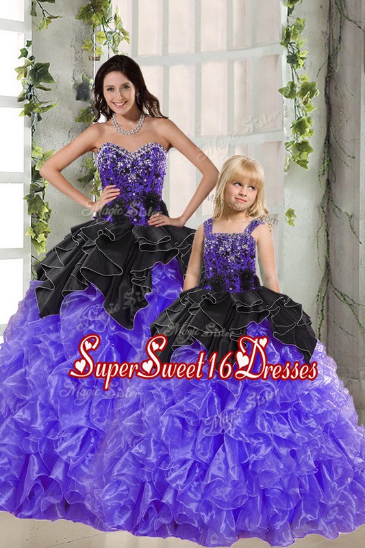 New Arrival Black And Purple Lace Up Sweetheart Beading and Ruffles 15th Birthday Dress Organza Sleeveless