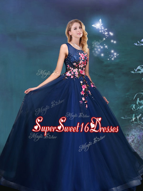 Scoop Floor Length Lace Up Quinceanera Gown Navy Blue for Prom with Appliques