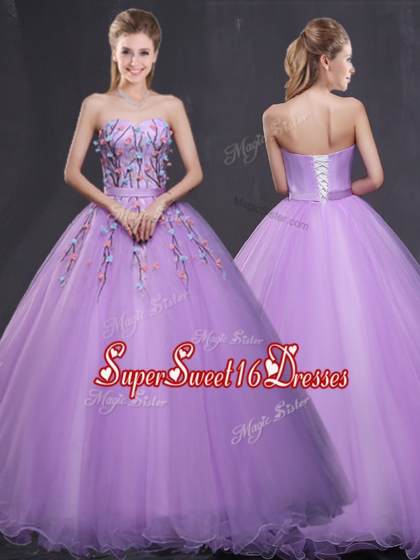 Simple Lavender Ball Gowns Sweetheart Sleeveless Tulle Floor Length Lace Up Appliques Sweet 16 Dresses
