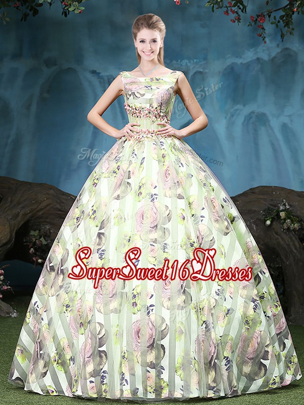 Beauteous Straps Sleeveless Appliques and Pattern Lace Up 15 Quinceanera Dress