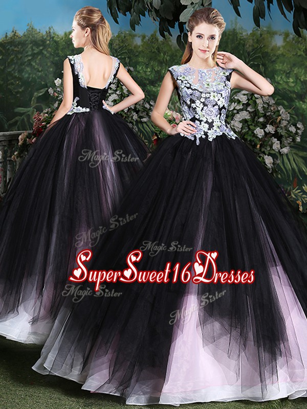 Shining Pink And Black Tulle Lace Up Scoop Sleeveless Floor Length Sweet 16 Dress Appliques and Ruffles