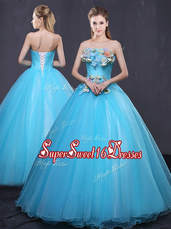  Baby Blue Ball Gowns Strapless Sleeveless Tulle Floor Length Lace Up Appliques 15 Quinceanera Dress
