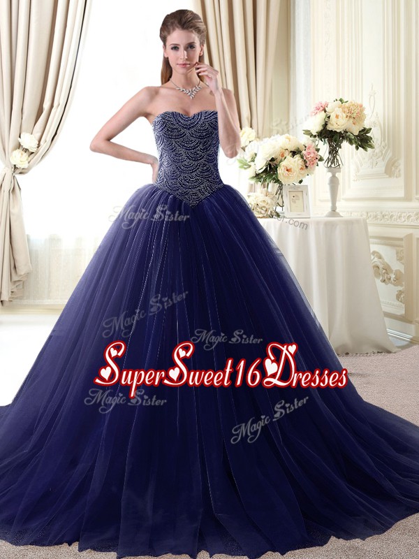 Simple Floor Length Navy Blue 15th Birthday Dress Tulle Sleeveless Beading