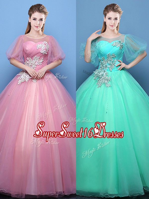 Shining Scoop Half Sleeves Floor Length Lace Up Quinceanera Gowns Pink and Turquoise for Military Ball and Sweet 16 and Quinceanera with Appliques