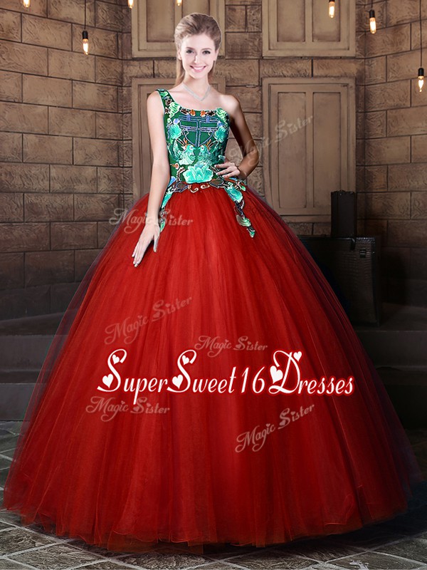  One Shoulder Rust Red Sleeveless Floor Length Pattern Lace Up 15 Quinceanera Dress