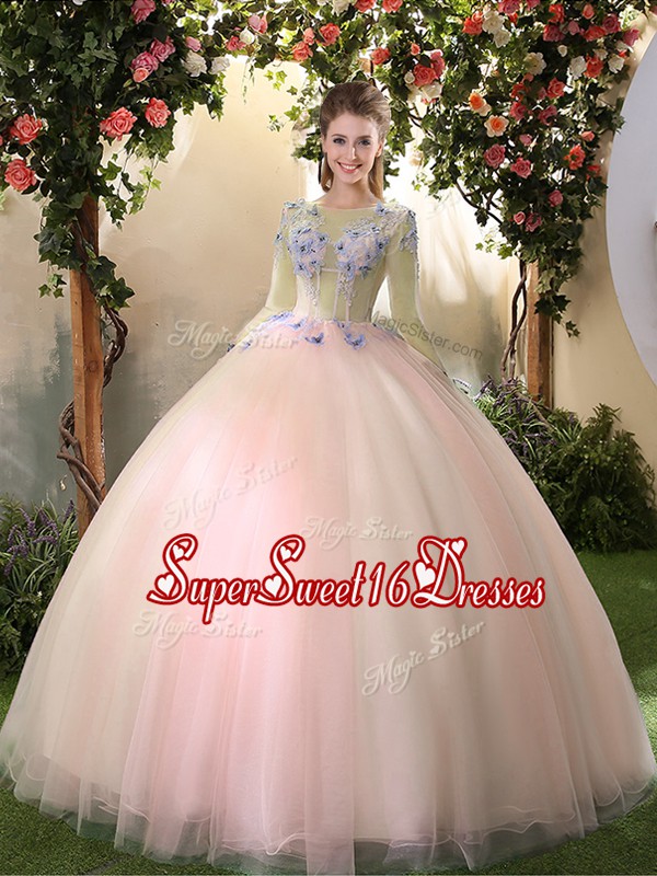  Scoop Long Sleeves Appliques Lace Up Quinceanera Gowns