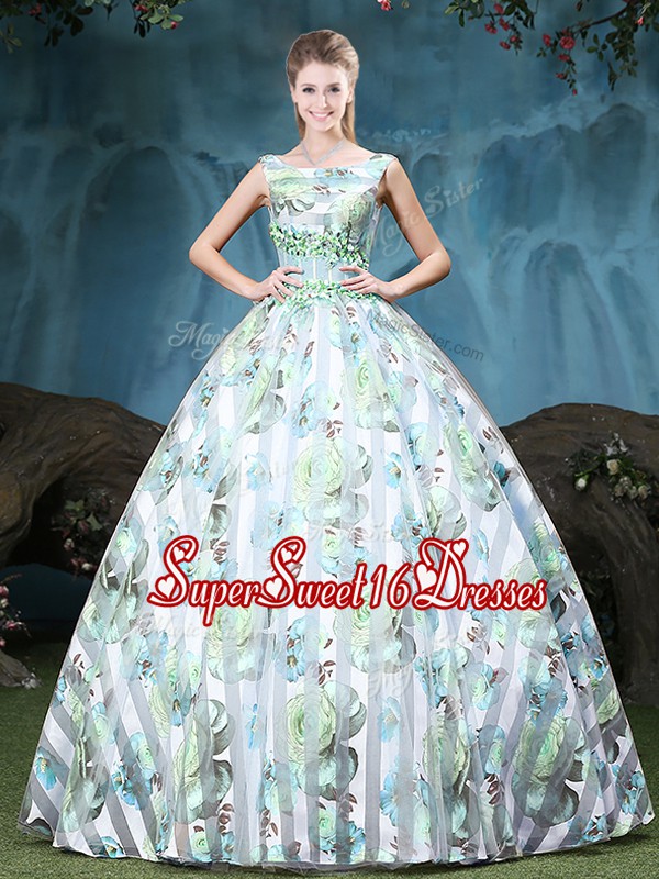  Straps Tulle Sleeveless Floor Length Quinceanera Gown and Appliques and Pattern
