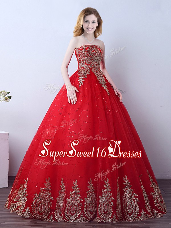 Simple Sequins Floor Length Ball Gowns Sleeveless Red Ball Gown Prom Dress Lace Up