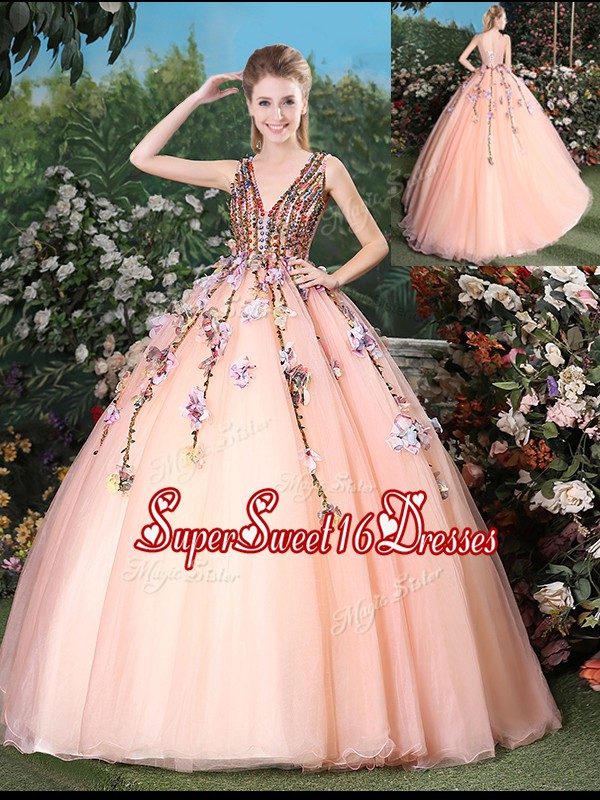  Peach Ball Gowns Appliques Quince Ball Gowns Lace Up Tulle Sleeveless With Train