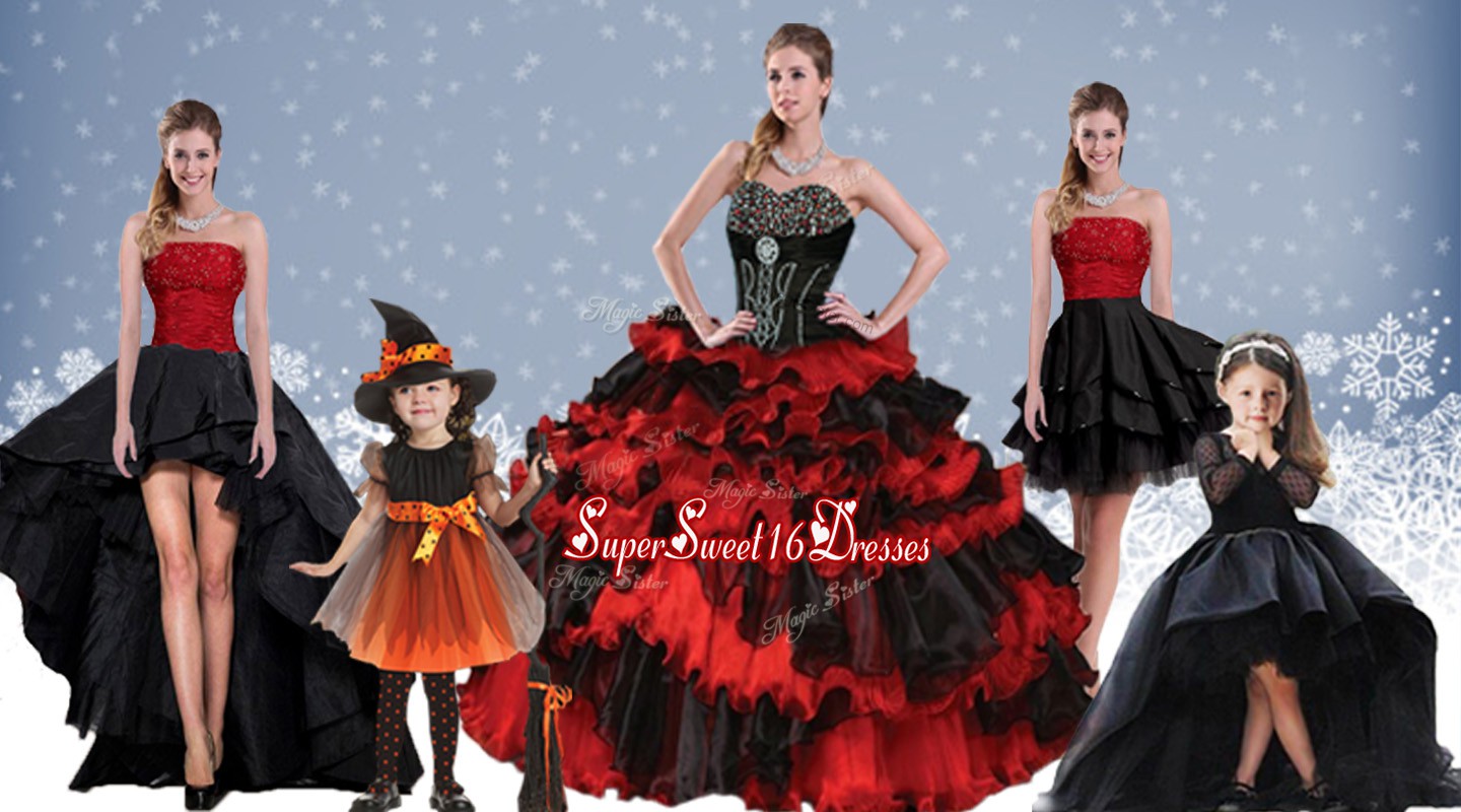  Red And Black Sweetheart Neckline Beading and Ruffled Layers Ball Gown Prom Dress Sleeveless Lace Up