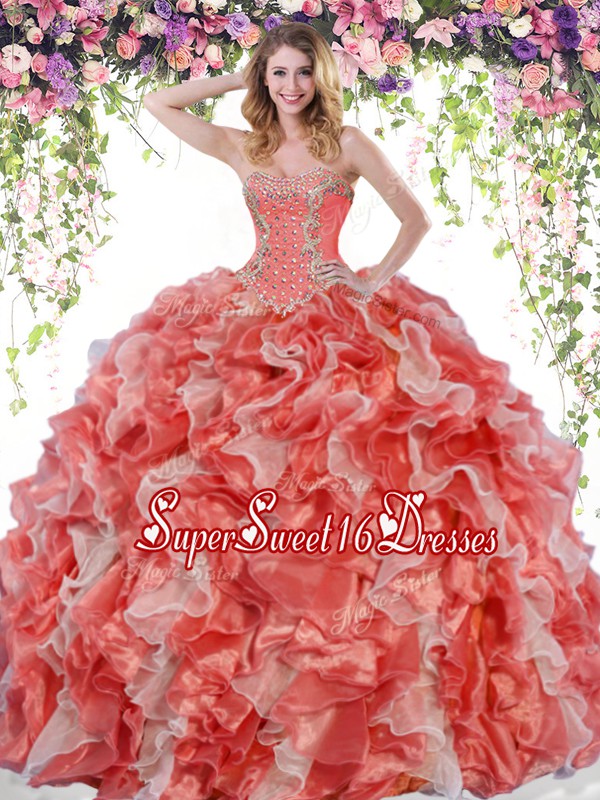  Floor Length White And Red Sweet 16 Quinceanera Dress Organza Sleeveless Beading and Ruffles