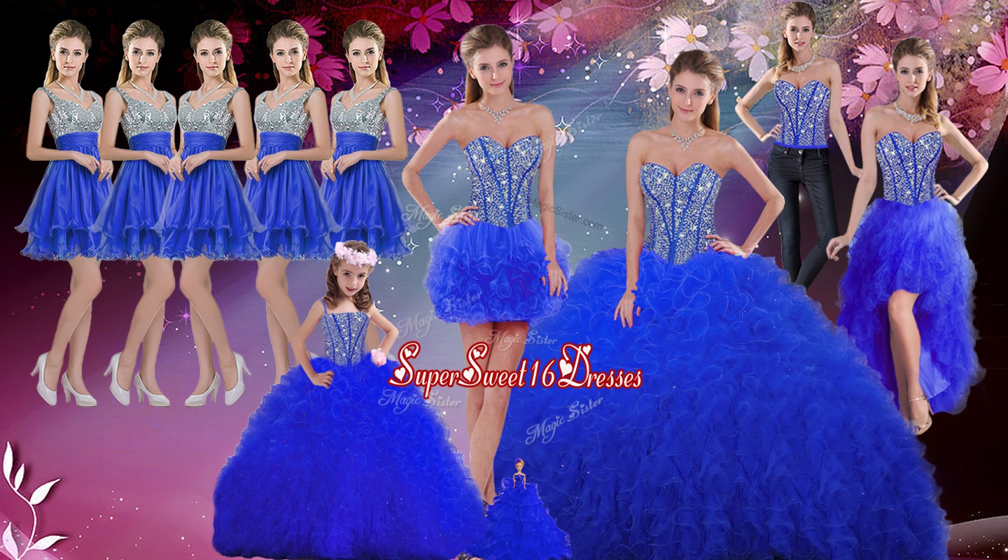 Latest Sleeveless Floor Length Beading and Ruffles Lace Up Sweet 16 Quinceanera Dress with Royal Blue