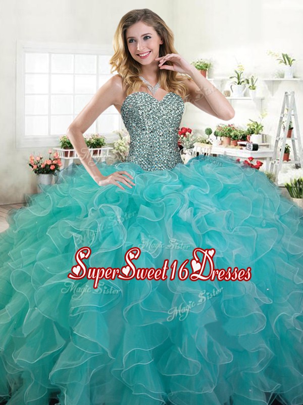  Sweetheart Sleeveless Organza Quince Ball Gowns Beading and Ruffles Lace Up
