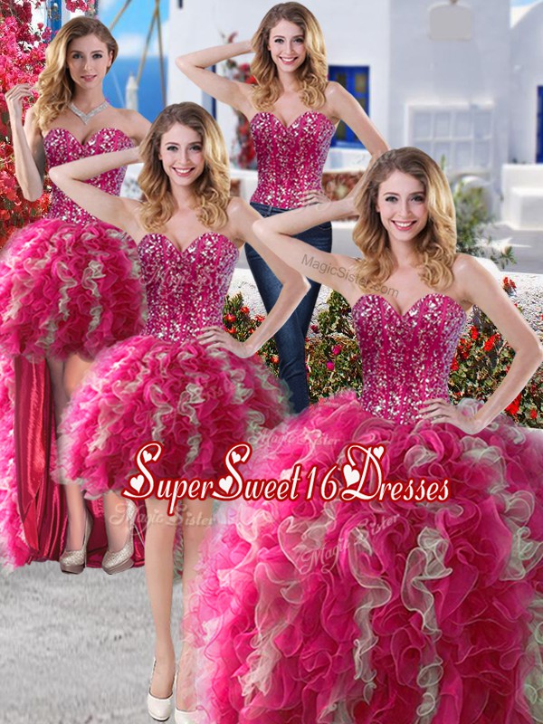  Four Piece Floor Length Hot Pink Sweet 16 Dress Sweetheart Sleeveless Lace Up