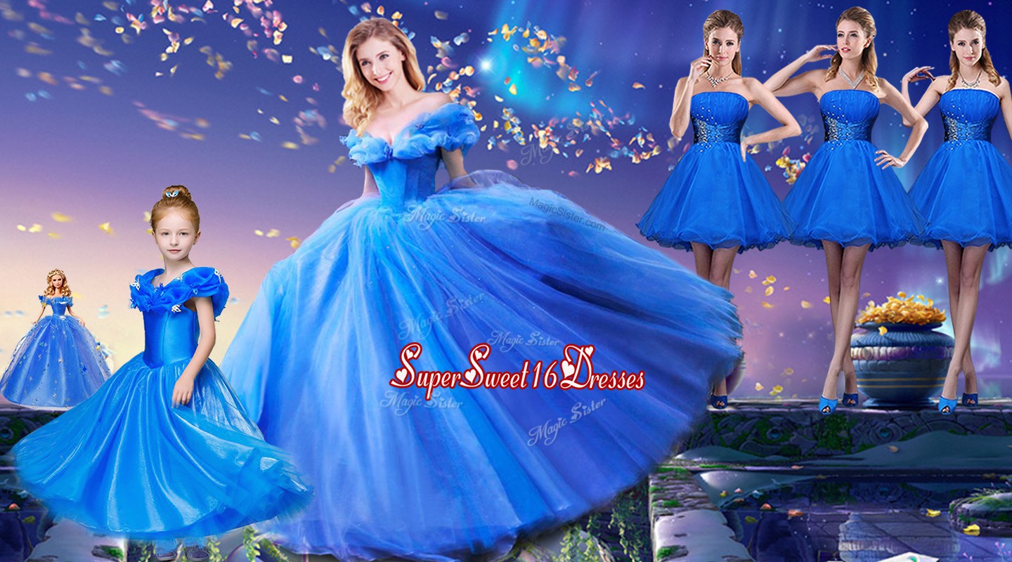  Ball Gowns Quinceanera Gown Royal Blue Off The Shoulder Tulle Short Sleeves Floor Length Lace Up