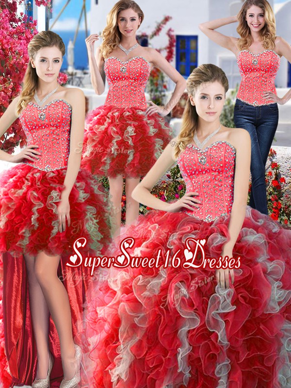 New Arrival Four Piece Beading 15 Quinceanera Dress White And Red Lace Up Sleeveless Floor Length