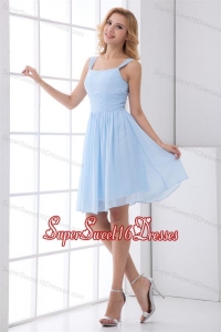 Simple Empire Straps Knee-length Chiffon Light Blue Dresses for Dama