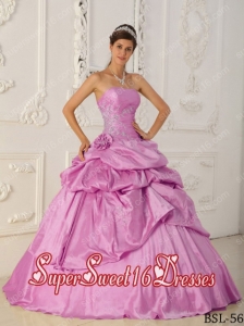 A-Line Strapless Floor-length Taffeta Beading Cheap Sweet Sixteen Dresses in Rose Pink