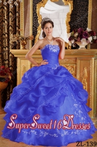 Appliques Royal Blue Organza Ball Gown Strapless 2014 Quinceanera Dress