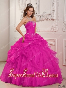 Ball Gown Strapless Organza Beading And Ruffles Cheap Sweet Sixteen Dresses in Hot Pink