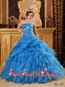 Beading And Ruffles Ball Gown Organza 2014 Quinceanera Dress in Blue