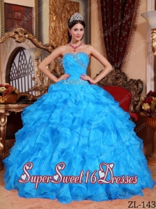 Beading Aqua Blue Ball Gown Sweetheart Organza Cheap Sweet Sixteen Dresses