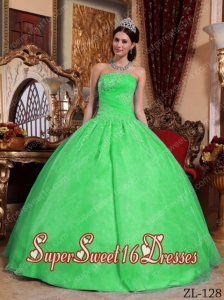 Cheap Green Ball Gown Strapless Organza Appliques Sweet Sixteen Dresses