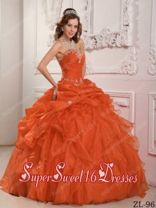 Fashionable Orange Red Strapless Ball Gown Organza Beading And Ruffles 2014 Quinceanera Dress