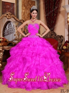 Hot Pink Organza Ball Gown Sweetheart 2014 Quinceanera Dress with Beading