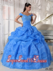 Off The Shoulder Blue Ball Gown Taffeta and Organza 2013 Sweet 16 Dresses with Beading