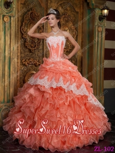 Orange Red Ball Gown Ruffles Organza Cheap Sweet Sixteen Dresses