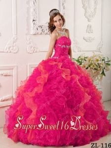 Organza Ruffles Ball Gown Sweetheart Appliques and Beading 2014 Quinceanera Dress in Hot Pink