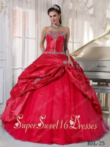 Strapless Red Ball Gown Taffeta and Tulle 2013 Sweet 16 Dresses Appliques