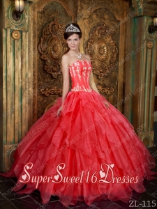 Gorgeous Ball Gown Strapless Appliques Organza 2013 Sweet 16 Dresses in Coral Red