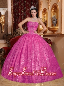 Hot Pink Sequined and Printed 2014 Quinceanera Dress with Beading