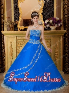 Ball Gown Floor-length Tulle Lace Appliques Cheap Sweet Sixteen Dresses in Blue