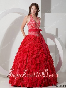 Beautiful Halter With Embroidery Cute Sweet Sixteen Dresses in Red