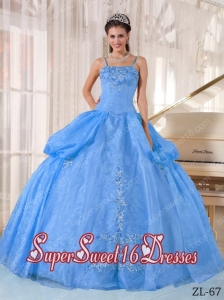 Blue Ball Gown Spaghetti Straps Taffeta and Organza Custom Made Quinceanera Dress with Appliques