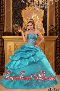 Elegant Appliques Taffeata Ball Gown Strapless Beading 2014 Quinceanera Dress in Turquoise