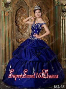 Off The Shoulder Taffeta 2014 Quinceanera Dress in Royal Blue with Appliques and Ruching