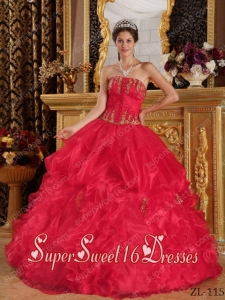 Organza Appliques Ball Gown Strapless 2014 Quinceanera Dress in Red