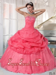 Watermelon Ball Gown Strapless Appliques Organza Custom Made Quinceanera Dress