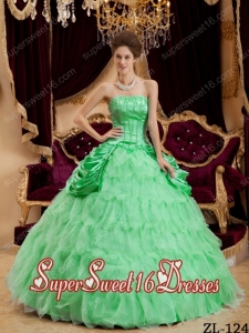 Ball Gown Strapless Custom Made Ruffles Taffeta and Organza Quinceanera Dress in Apple Green
