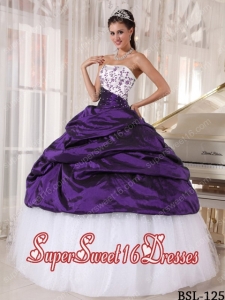 Beautiful Ball Gown Strapless White and Purple Embroidery Elegant Sweet 16 Dresses