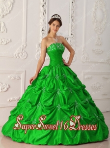 A-line Appliques Strapless Taffeta Military Ball Dress in Green with Beading