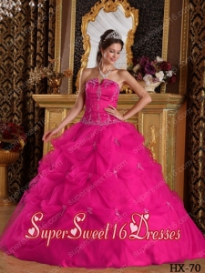 Appliques Strapless Pick-ups Tulle and Taffeta Military Ball Dress in Hot Pink