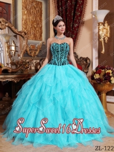 Aqua Blue and Black Sweetheart Embroidery with Beading Elegant Sweet 16 Dresses